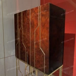 Natural Wood Veneer Tall Sideboard with Gold-Tone Stainless Steel Inlays, Glass Shelf and Geometric Open-Frame Base
